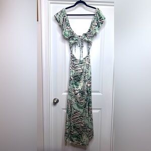 ASOS DESIGN frill sleeve maxi beach dress with cut out in zebra palm print